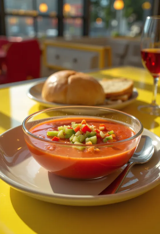 Čerstvé gazpacho podávané ledově vychlazené, zdobené nadrobno nakrájenou zeleninou