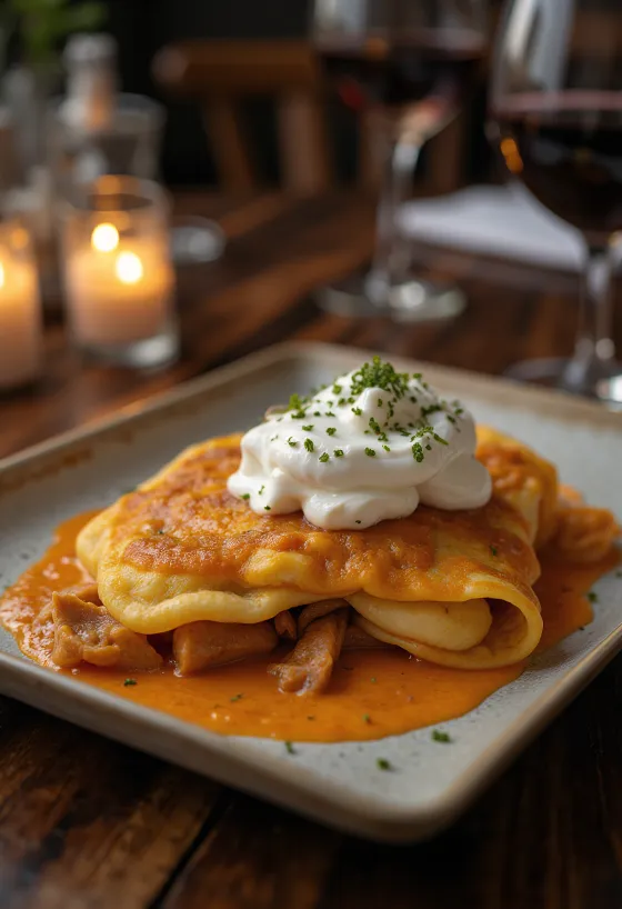 Hortobáďské masové palačinky podávané se zakysanou smetanou a čerstvou petrželkou.