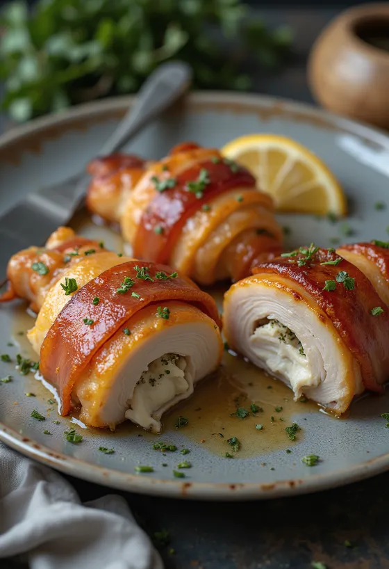 Kuřecí prsa ve slanině na talíři