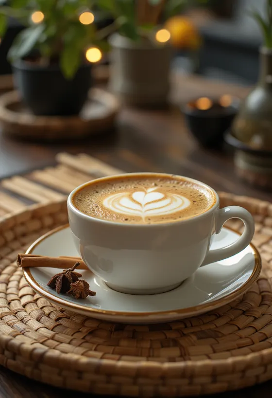 Skořicovo-hřebíčkové latte kávový nápoj zdobený celou skořicí a šlehačkou