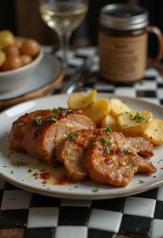 Krkovice na česneku upečená do křupava, podávaná s čerstvými bylinkami