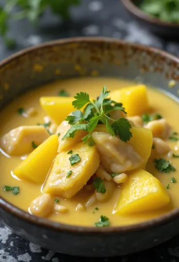 Moqueca servírovaná s mangem, rybami a kokosovým mlékem