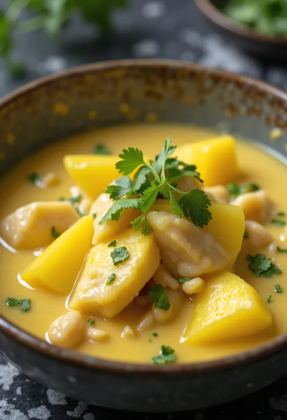 Moqueca servírovaná s mangem, rybami a kokosovým mlékem