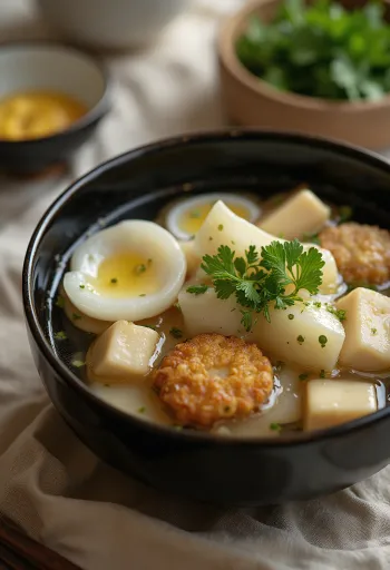 Oden s ganmodoki, tofu a daikonem, podávaný s čerstvým koriandrem
