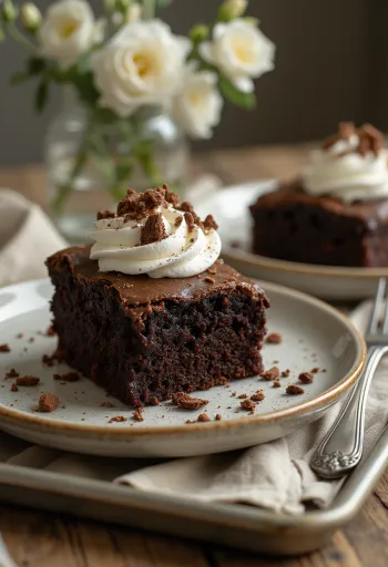 Čokoládový brownie dort se šlehačkou a čokoládovými hoblinami