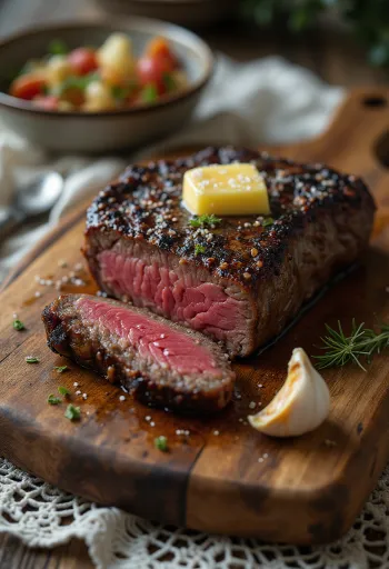 Steak z kudu podávaný s klínky citronu a zeleninou