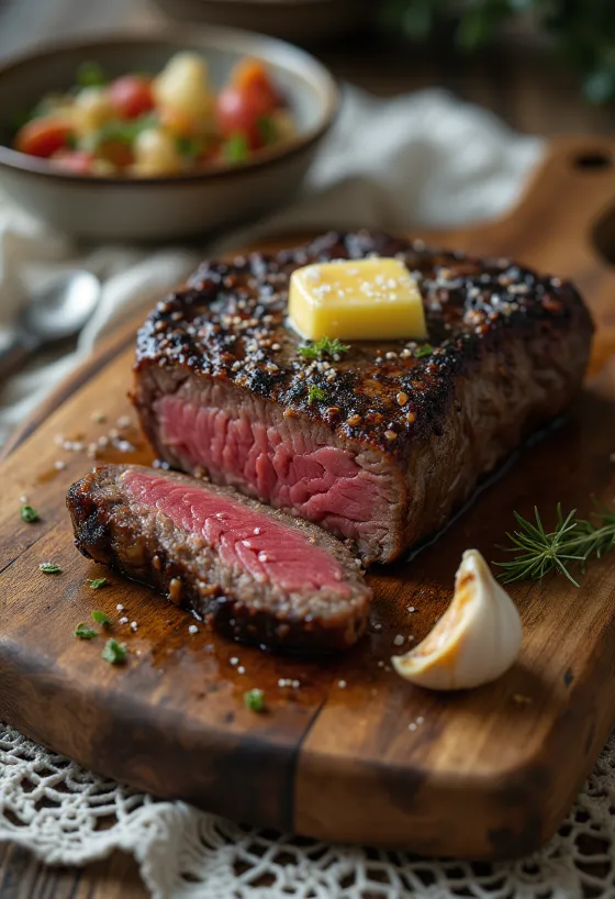 Steak z kudu podávaný s klínky citronu a zeleninou