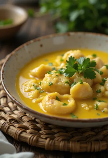 Moqueca servírovaná s rybími plátky a olivovým olejem