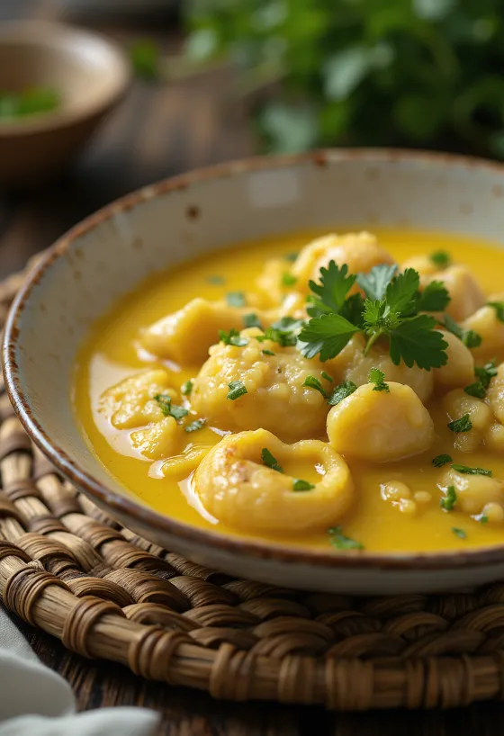 Moqueca servírovaná s rybími plátky a olivovým olejem