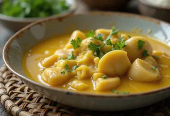 Moqueca servírovaná s rybími plátky a olivovým olejem