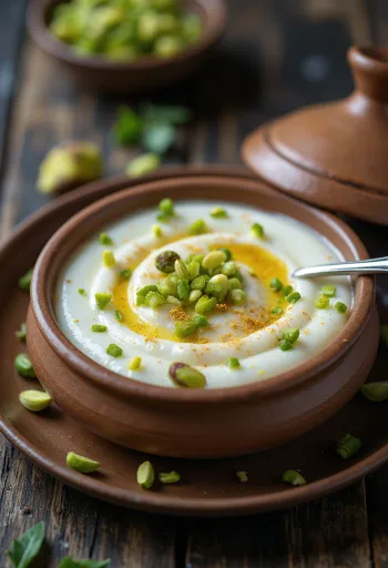 Bhapa doi, dušený jogurtový dezert zdobený pistáciemi