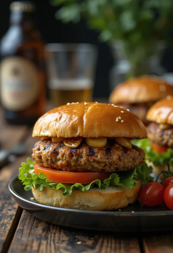 Grilované čočkové burgery s mletým masem, podávané s čerstvou zeleninou a omáčkami
