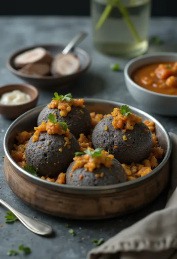 Idli s ragi, podávané s čerstvým koriandrem a kari listy