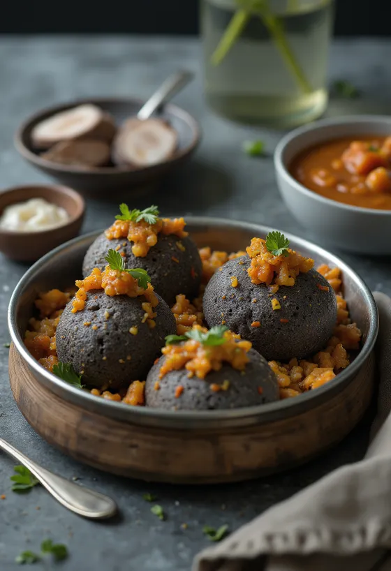 Idli s ragi, podávané s čerstvým koriandrem a kari listy