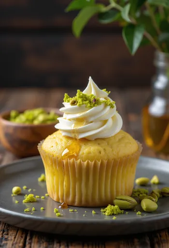 Medovo-pistáciové cupcakes při servírování