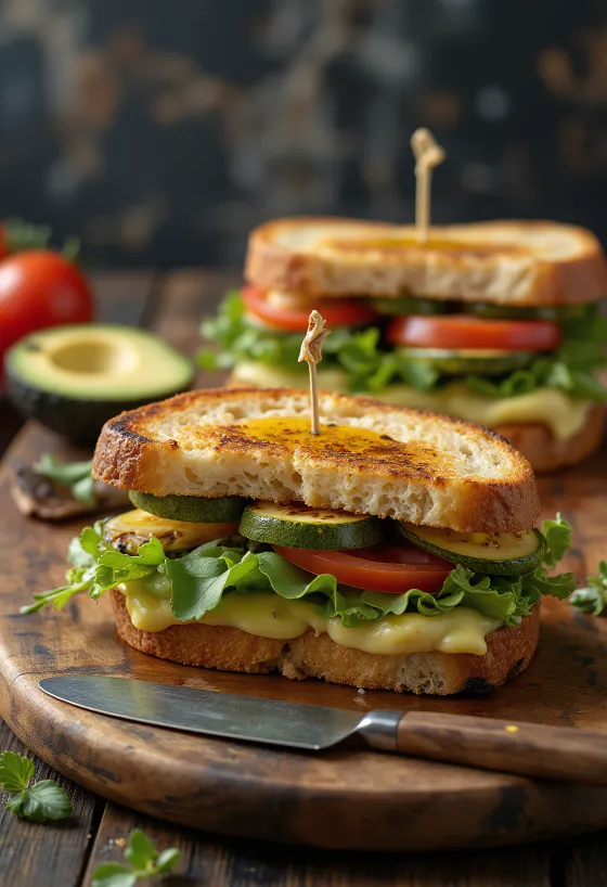 Čerstvé panini se zeleninou, grilované, se zlatohnědým chlebem