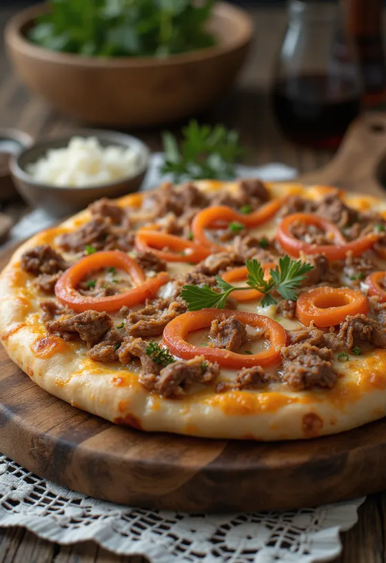 Pizza v kazašském stylu s hovězím nebo koňským masem