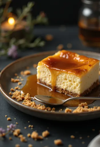 Cheesecake s karamelem podávaný