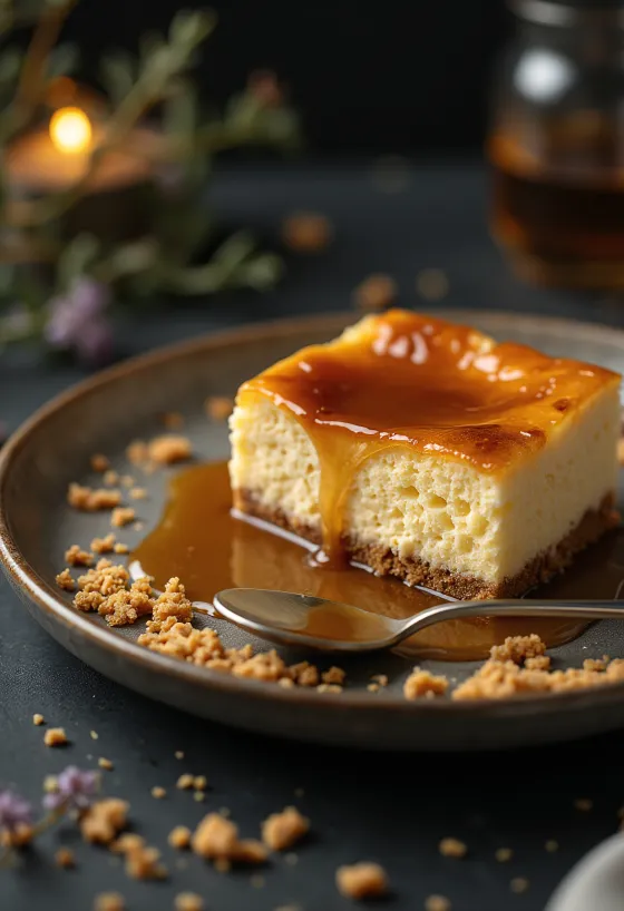 Cheesecake s karamelem podávaný