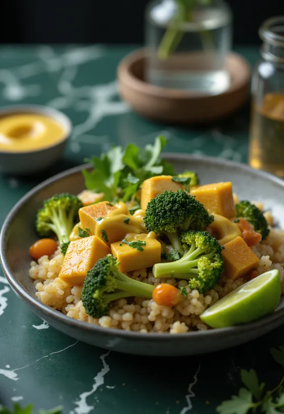 Brokolicová quinoa Buddha bowl s kari-tahini tofu servírovaná