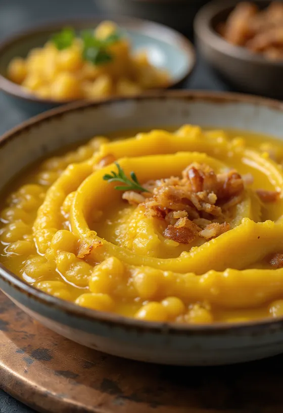 Hrachová kaše ze žlutého hrachu s čerstvou petrželkou a křupavou oblohou