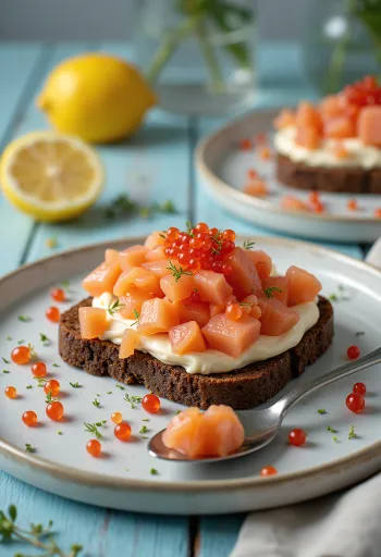 Krémový lososový salát na toastu s kaviárem a koprem