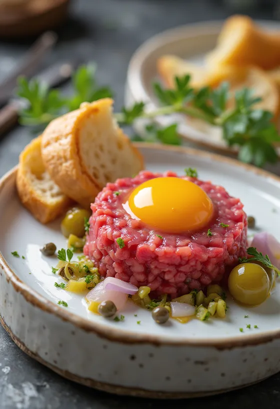 Steak Tartare podávaný se žloutkem a topinkou