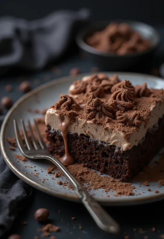 Tres leches s čokoládou, mlékem nasáklý piškot na bílém talíři
