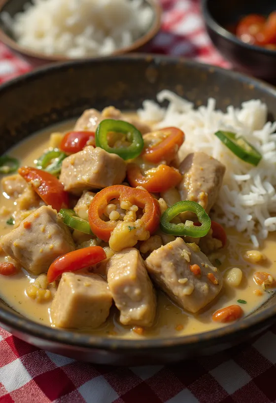 Bicol Express s kokosovým krémem, podávaný s červeným a zeleným chilli ve světlé misce