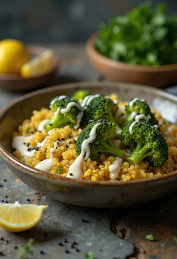 Brokolicová quinoa kari Buddha bowl s limetkovým tahini servírovaná