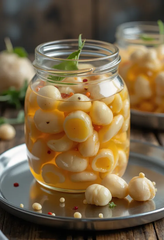 Nakládané pikantní vodní kaštany servírované