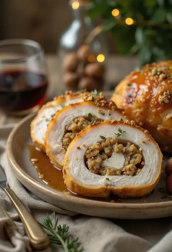 Plátky krůtích prsou plněné šťavnatými kaštany, podávané se zeleninou.