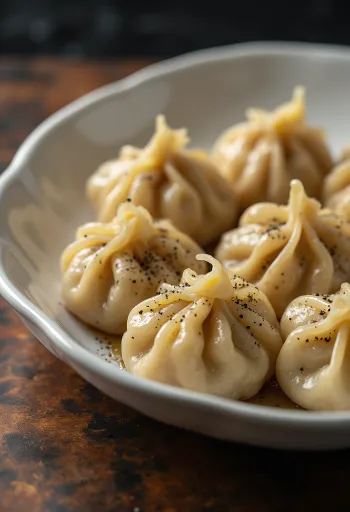 Khinkali s vepřovým masem podávané s čerstvým koriandrem