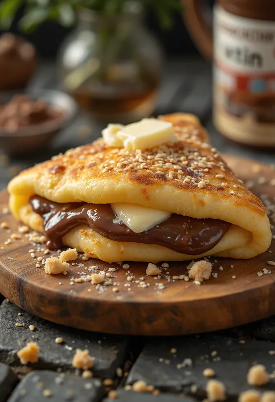 Martabak Manis s Nutellou, přeložená pochoutka s Nutellou a sezamovými semínky na vrchu.