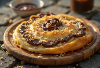Martabak Manis s Nutellou, přeložená pochoutka s Nutellou a sezamovými semínky na vrchu.