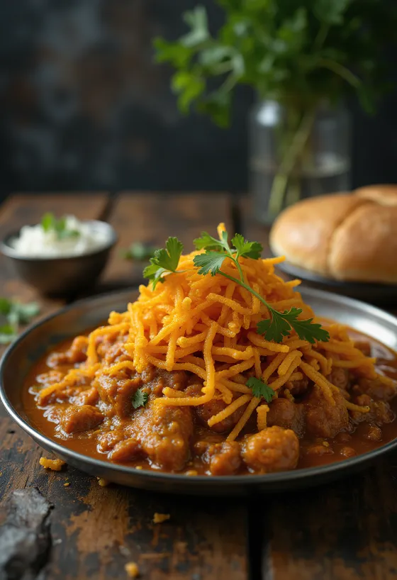 Misal pav s extra farsanem, podávaný s cizrnou, čerstvým koriandrem a opečenou houskou pav
