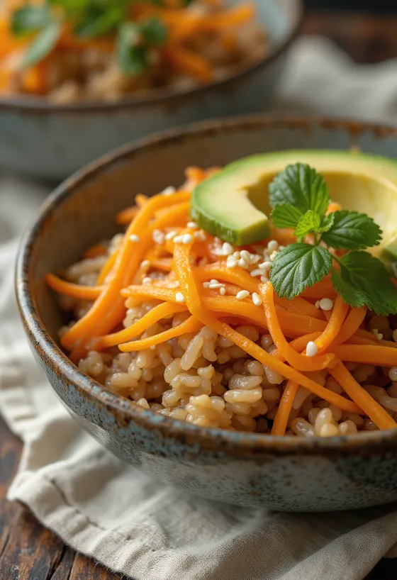 Pomerančová Buddha bowl s čerstvou zeleninou a hnědou rýží