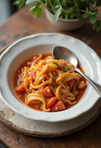 Rajčatové zelí podávané s čerstvým koprem a šťavnatými masovými kuličkami.
