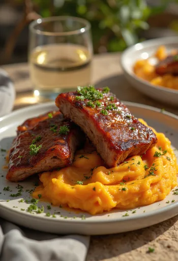 BBQ žebra se sladkými bramborami na talíři