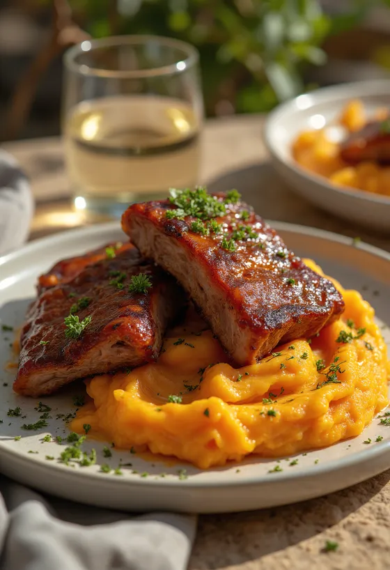 BBQ žebra se sladkými bramborami na talíři