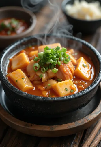 Kimchi jjigae servírované s tofu, zeleninou a kimči, s čerstvou jarní cibulkou