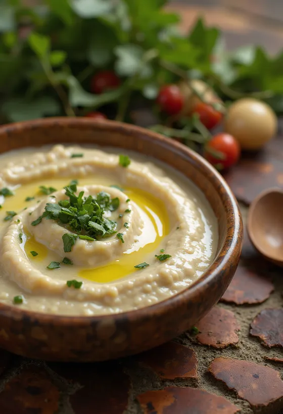 Mátová tahini omáčka v misce, ozdobená čerstvou mátou