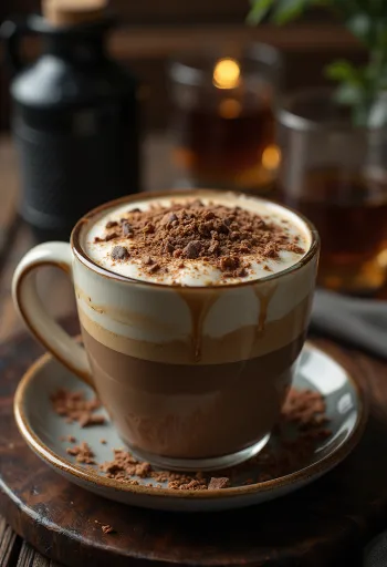 Medovo-čokoládové latte, krémový kávový nápoj zdobený šlehačkou a čokoládovými hoblinami