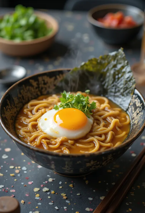 Onsen Tamago Ramen, japonská polévka, s měkkým vejcem, ramen nudlemi, zelenou cibulkou a dalšími přísadami