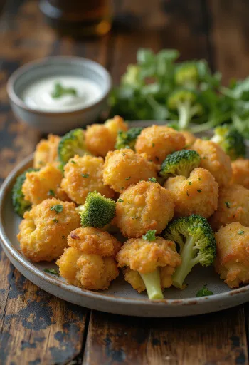 Křupavá smažená brokolice upečená dozlatova, podávaná na talíři s plátky čerstvého citronu.