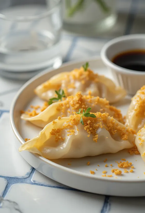 Scallop Gyoza podávaná s náplní z hřebenatek a sójovou omáčkou