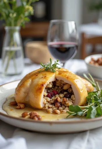 Plněná křepelka s divokou rýží podávaná na talíři