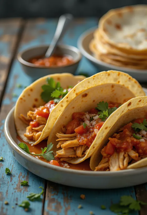 Tacos de Pollo con Salsa de Chipotle při podávání