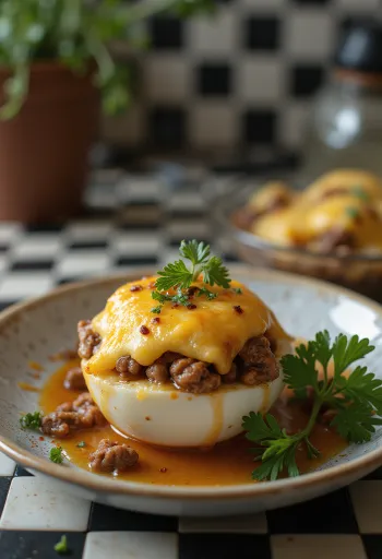 Plněný lilek s křupavým sýrem na vrchu, posypaný čerstvými bylinkami