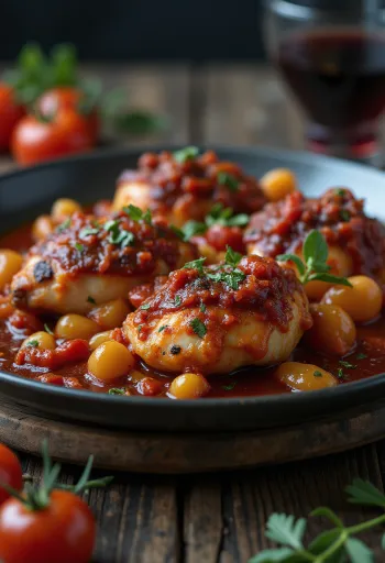 Cacciatore s omáčkou z červeného vína a rajčat, podávané s kuřecími stehny a olivami